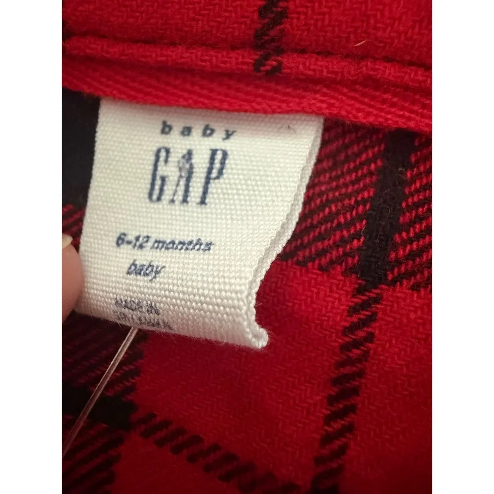 Baby Gap 6-12M Red Navy Plaid Flannel Button Down Shirt Bear Logo NWT